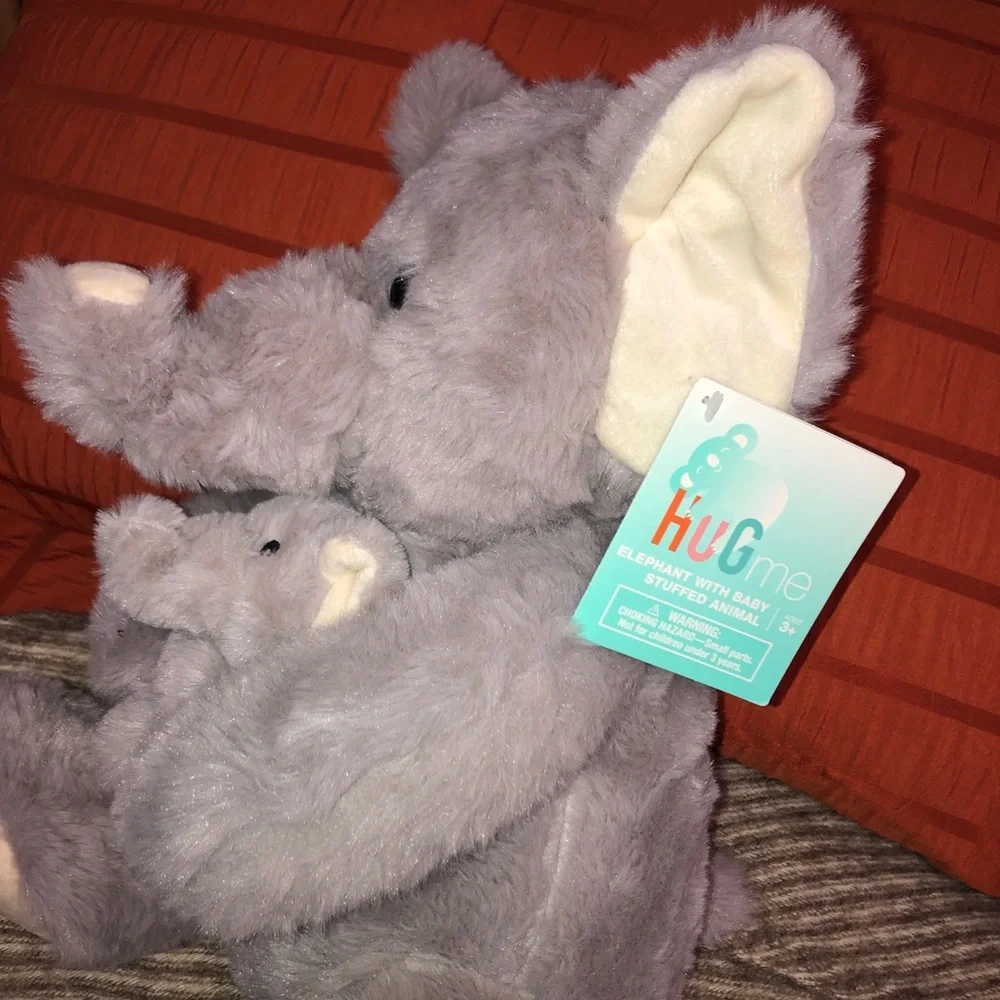 Grey plushie, stuffed animal, momma elephant holding baby. Hug me. New. 13.5” - Picture 3 of 11